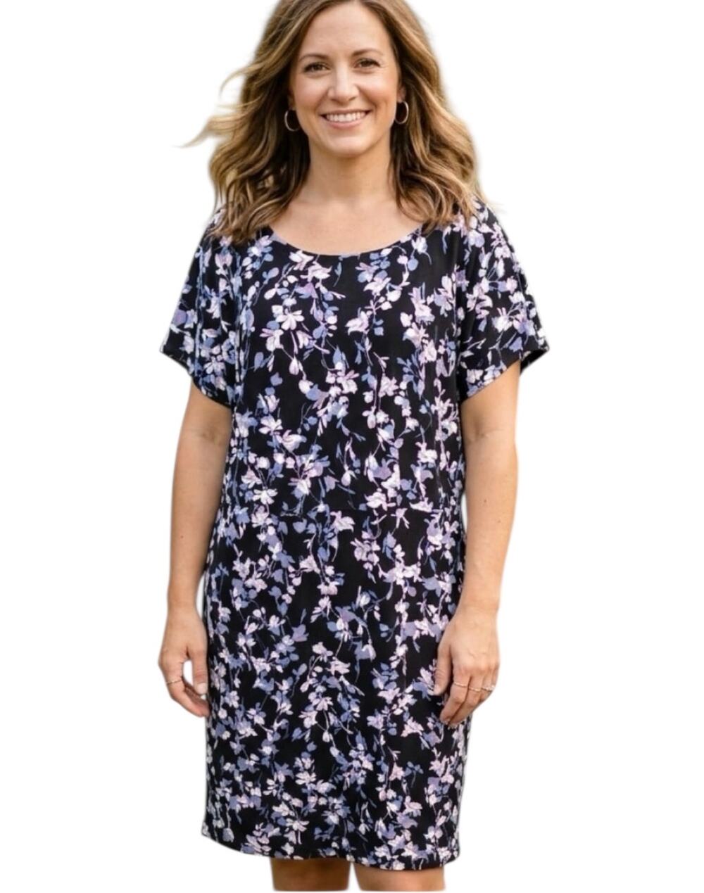 J. Jill Wearever Collection Floral Dress Womens Large Black Multicolor Pockets